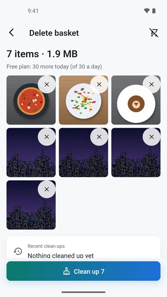 CleanVault on a phone: the delete basket with seven items and a Clean up 7 button