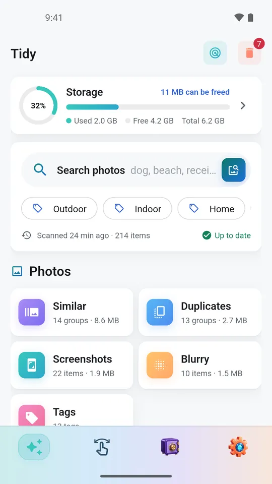 CleanVault on a phone: the Tidy page with a storage ring, photo search and categories such as Similar, Duplicates and Screenshots