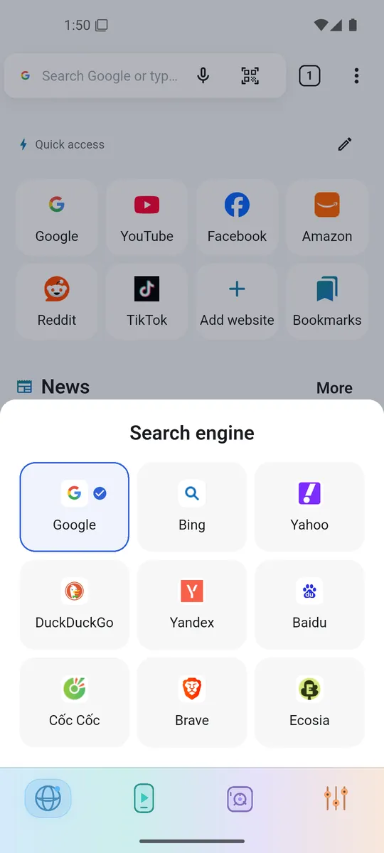 SmartBrowser search engine picker, English interface preview